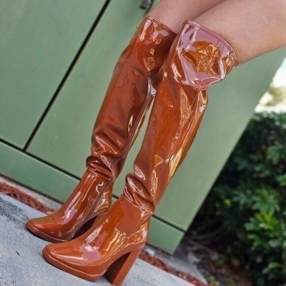 Women's Tan Thigh High Over the Knee Boots Chuncky Heel - Picture 2 of 6